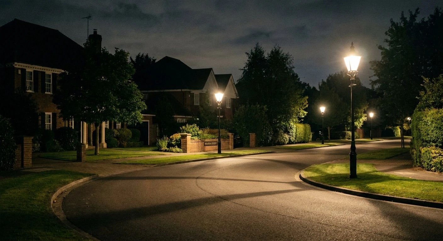 Wide context view of a quiet, wealthy suburban street at night with glowing streetlamps, manicured lawns, and deep