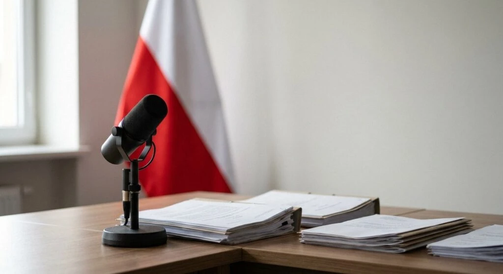 Wooden desk with a black microphone and stacks of papers. A blurred white and red flag is in the background near a
