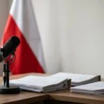Wooden desk with a black microphone and stacks of papers. A blurred white and red flag is in the background near a