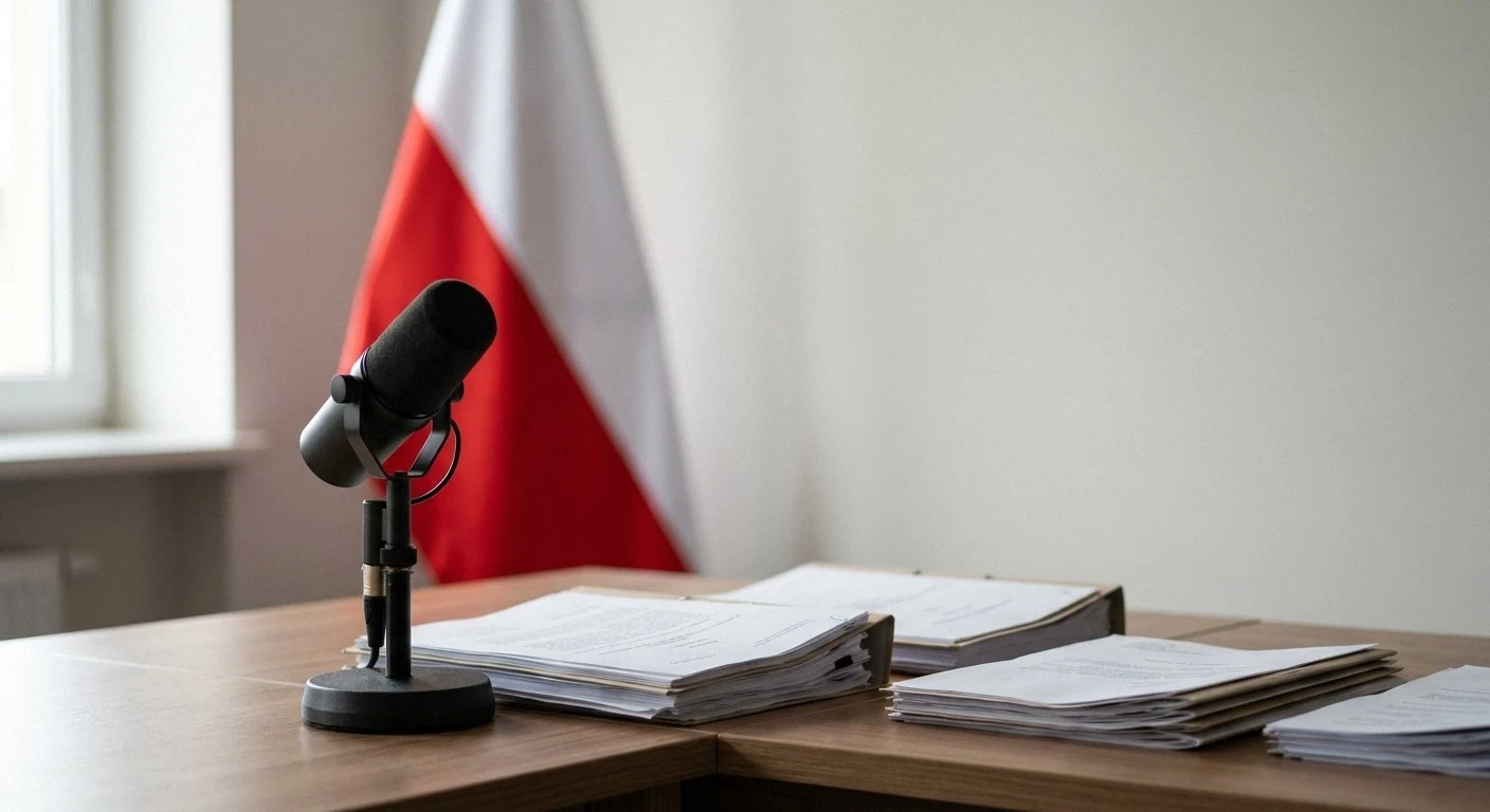 Wooden desk with a black microphone and stacks of papers. A blurred white and red flag is in the background near a
