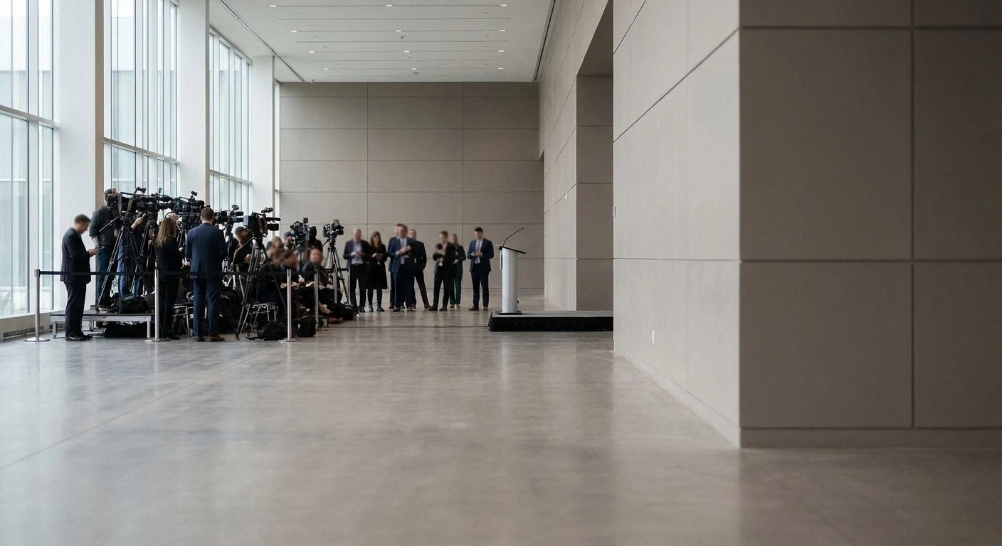 Wide shot of a spacious, modern hall with large windows. A group of media personnel with cameras and tripods stands